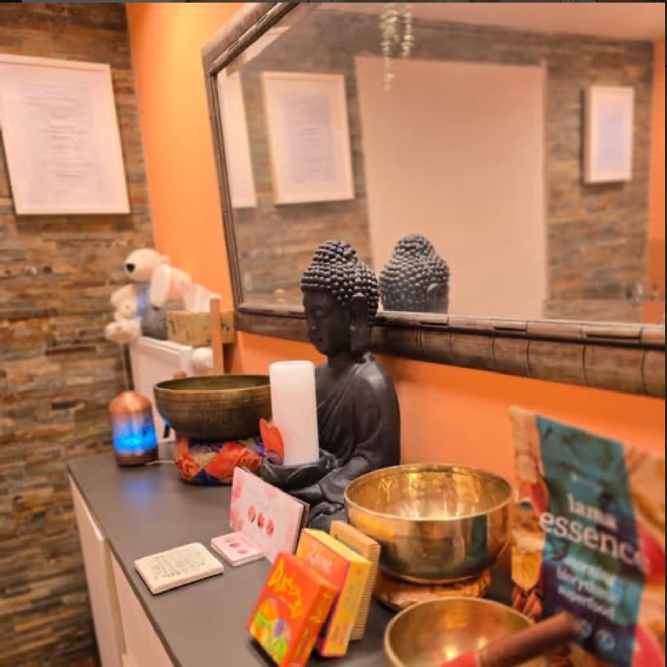 Still life in the salon at Hotel Vista – singing bowls, diffuser and Energy products
